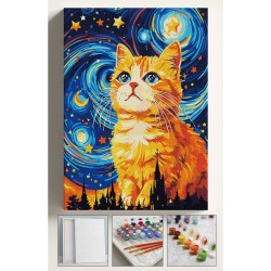 Sayılarla Boyama Seti Numaralı Tuval Fırça Boya 40x50 Cm - YILDIZLI GECE TURUNCU KEDİ