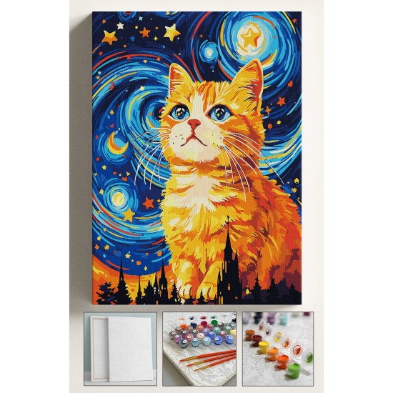 Sayılarla Boyama Seti Numaralı Tuval Fırça Boya 40x50 Cm - YILDIZLI GECE TURUNCU KEDİ