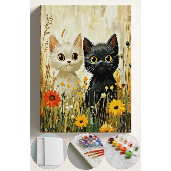 Sayılarla Boyama Seti Numaralı Tuval Fırça Boya 40x50 Cm SİYAH-BEYAZ KEDİ