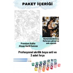 Sayılarla Boyama Seti Numaralı Tuval Fırça Boya 40x50 Cm - BEYAZ ÇİÇEK SİYAH KADIN