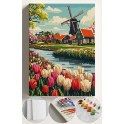 Sayılarla Boyama Seti Numaralı Tuval Fırça Boya 40x50 Cm - YEL DEĞİRMENİ LALELER