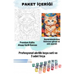 Sayılarla Boyama Seti Numaralı Tuval Fırça Boya 40x50 Cm - YAPRAKLI KEDİ