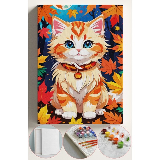 Sayılarla Boyama Seti Numaralı Tuval Fırça Boya 40x50 Cm - YAPRAKLI KEDİ