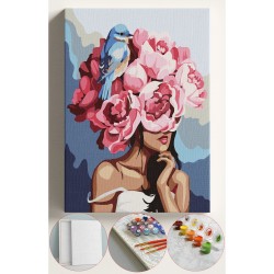 Sayılarla Boyama Seti Numaralı Tuval Fırça Boya 40x50 Cm - KUŞ VE ÇİÇEK KADIN