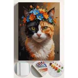 Sayılarla Boyama Seti Numaralı Tuval Fırça Boya 40x50 Cm - TAÇLI KEDİ