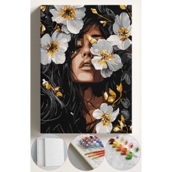 Sayılarla Boyama Seti Numaralı Tuval Fırça Boya 40x50 Cm - BEYAZ ÇİÇEK SİYAH KADIN