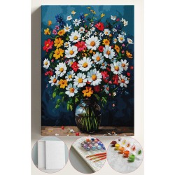 Sayılarla Boyama Seti Numaralı Tuval Fırça Boya 40x50 Cm - RENKLİ PAPATYA DEMETİ