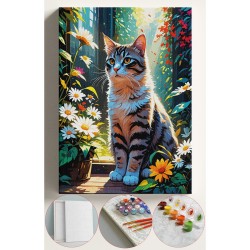Sayılarla Boyama Seti Numaralı Tuval Fırça Boya 40x50 Cm - PAPATYALAR İÇİNDE KEDİ