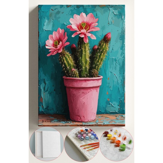 Sayılarla Boyama Seti Numaralı Tuval Fırça Boya 40x50 Cm - PEMBE KAKTÜS