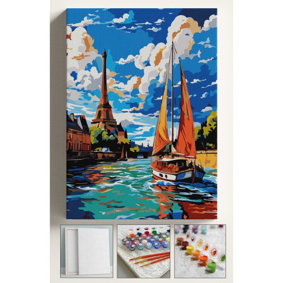 Sayılarla Boyama Seti Numaralı Tuval Fırça Boya 40x50 Cm Eyfel Tekne