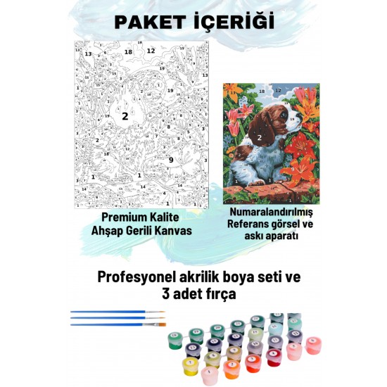 Sayılarla Boyama Seti Numaralı Tuval Fırça Boya 40x50 Cm Köpek ve Çiçek