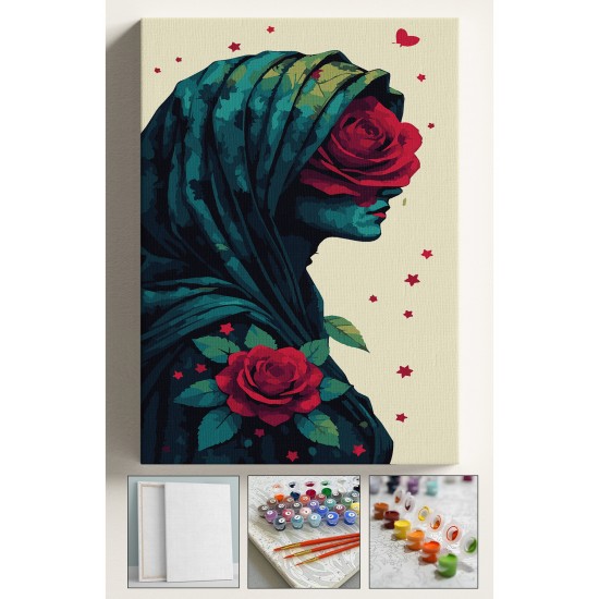 Sayılarla Boyama Seti Numaralı Tuval Fırça Boya 40x50 Cm Gül ve Kadın