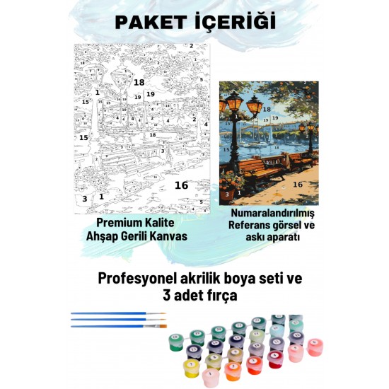 Sayılarla Boyama Seti Numaralı Tuval Fırça Boya 40x50 Cm Sahilde Bank