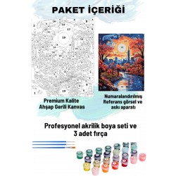 Sayılarla Boyama Seti Numaralı Tuval Fırça Boya 40x50 Cm Renkli Ay Şehir
