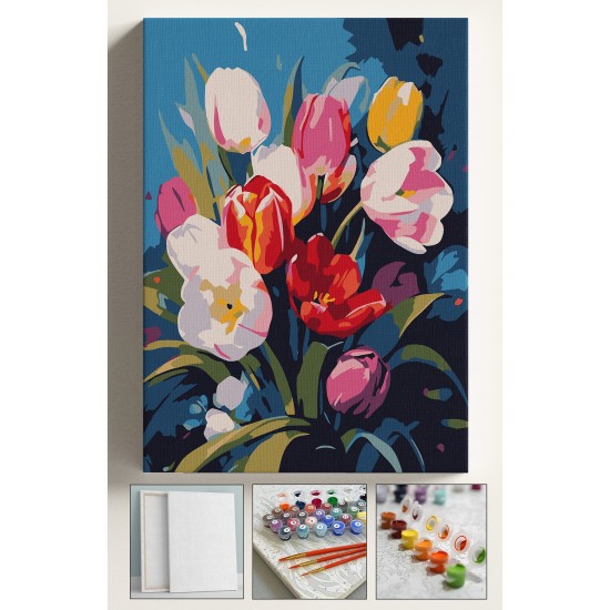 Sayılarla Boyama Seti Numaralı Tuval Fırça Boya 40x50 Cm Sade Laleler