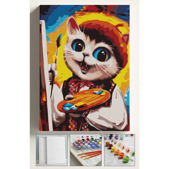 Sayılarla Boyama Seti Numaralı Tuval Fırça Boya 40x50 Cm Ressam Kedi