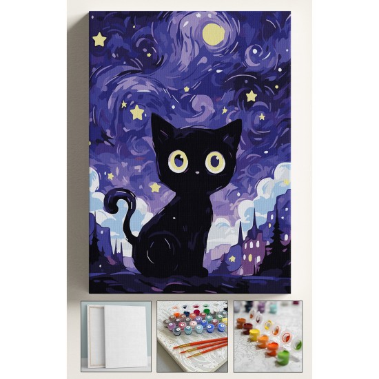 Sayılarla Boyama Seti Numaralı Tuval Fırça Boya 40x50 Cm Kara Kedi
