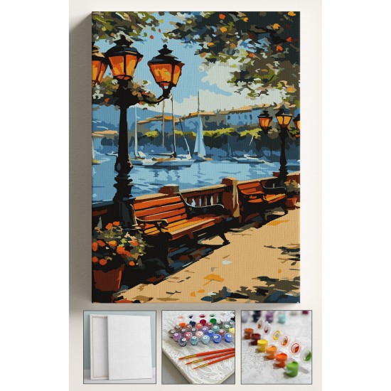 Sayılarla Boyama Seti Numaralı Tuval Fırça Boya 40x50 Cm Sahilde Bank