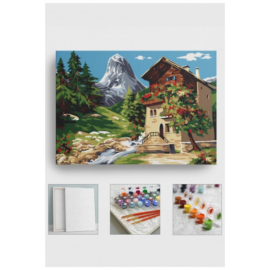 Sayılarla Boyama Seti Numaralı Tuval Fırça Boya 40x50 Cm Dere ve Ev