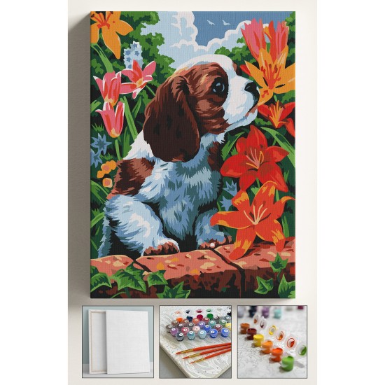 Sayılarla Boyama Seti Numaralı Tuval Fırça Boya 40x50 Cm Köpek ve Çiçek