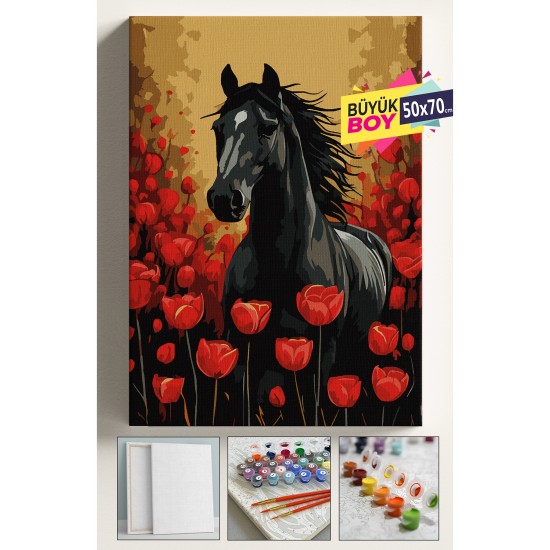 Sayılarla Boyama Seti Numaralı Tuval Fırça Boya Dahil Kasnaklı Set 50x70 Cm - AT VE LALELER Sayılarla Boyama Seti Numaralı Tuval Fırça Boya Dahil Kasnaklı Set 50x70 Cm - AT VE LALELER