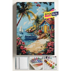 Sayılarla Boyama Seti Numaralı Tuval Fırça Boya Dahil Kasnaklı Set 50x70 Cm - DENİZ KENARI KULÜBE