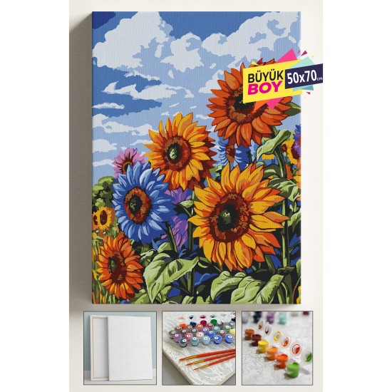 Sayılarla Boyama Seti Numaralı Tuval Fırça Boya Dahil Kasnaklı Set 50x70 Cm - RENKLİ AYÇİÇEĞİ