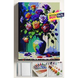 Sayılarla Boyama Seti Numaralı Tuval Fırça Boya Dahil Kasnaklı Set 50x70 Cm - RENKLİ GÜLLER