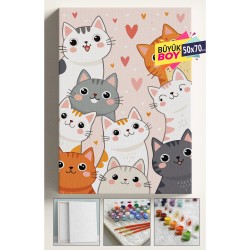 Sayılarla Boyama Seti Numaralı Tuval Fırça Boya Dahil Kasnaklı Set 50x70 Cm - SEVİMLİ KEDİLER