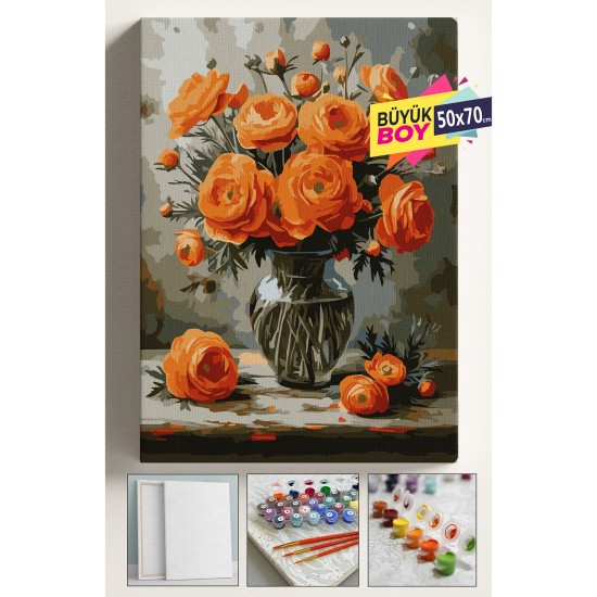Sayılarla Boyama Seti Numaralı Tuval Fırça Boya Dahil Kasnaklı Set 50x70 Cm - TURUNCU GÜLLER