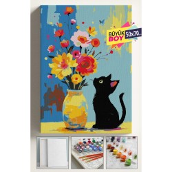 Sayılarla Boyama Seti Numaralı Tuval Fırça Boya Dahil Kasnaklı Set 50x70 Cm - VAZO VE KEDİ