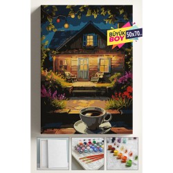 Sayılarla Boyama Seti Numaralı Tuval Fırça Boya Dahil Kasnaklı Set 50x70 Cm - KAHVE VE EV