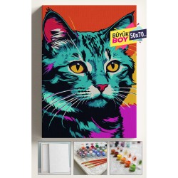 Sayılarla Boyama Seti Numaralı Tuval Fırça Boya Dahil Kasnaklı Set 50x70 Cm - RENKLİ KEDİ