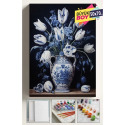 Sayılarla Boyama Seti Numaralı Tuval Fırça Boya Dahil Kasnaklı Set 50x70 Cm - MAVİ VAZO